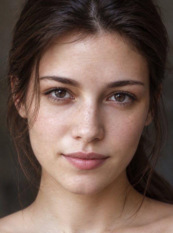 Close-up headshot of a young woman with natural skin, dark brown hair, warm brown eyes, and a sof...