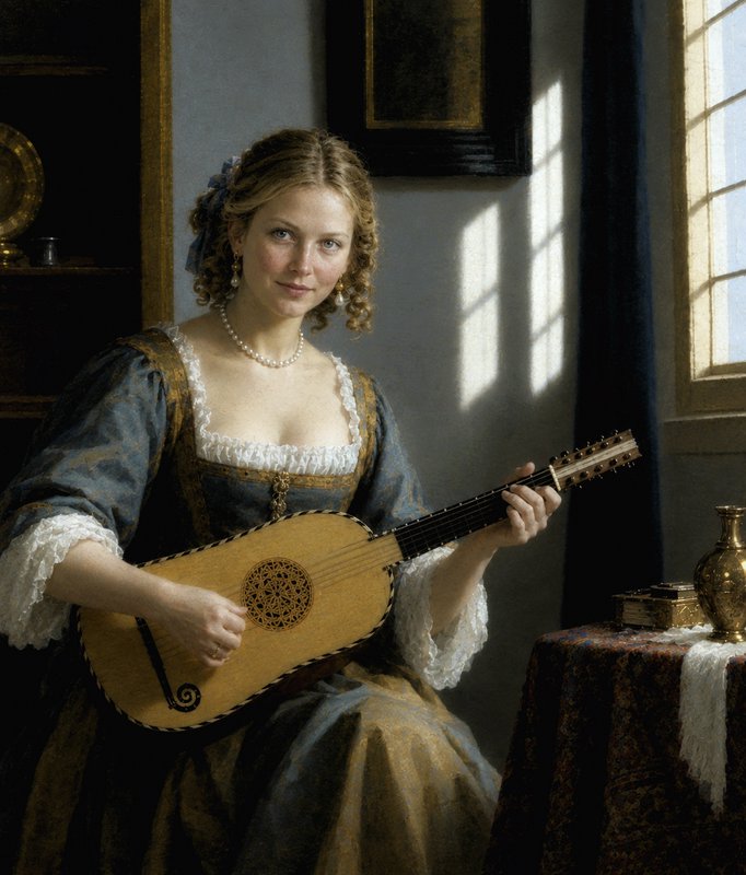 Smiling woman in 17th century period dress plays a lute beside a sunlit window