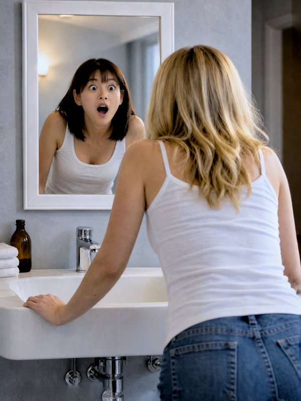 Blond woman at a bathroom sink looks shocked to see a different person in her mirror reflection
