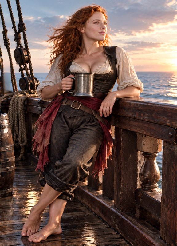 Red-haired female pirate holds a pewter tankard while leaning on a wooden ship deck railing at oc...