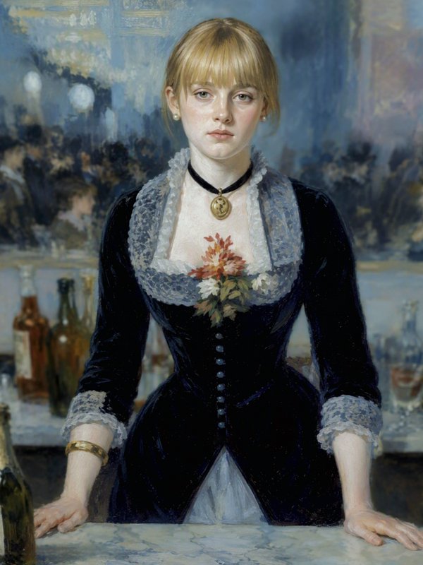 Realist oil portrait of a young Victorian barmaid standing behind a marble bar, gazing calmly at ...