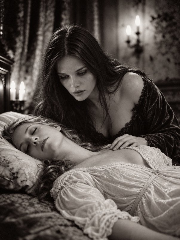 Dark haired woman leans over a sleeping blonde woman resting on an ornate vintage bed