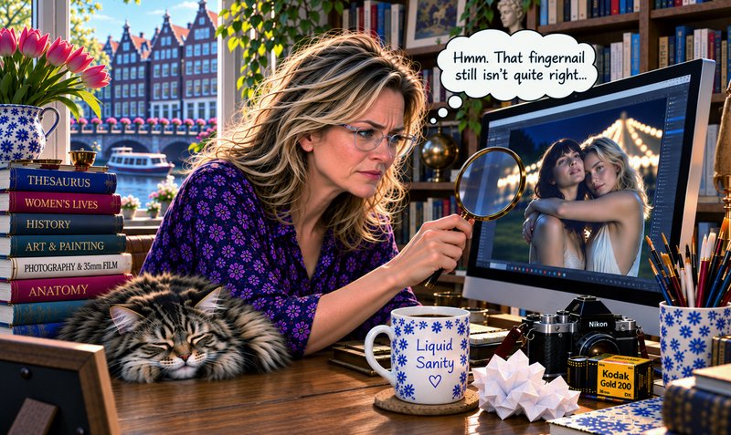 Female photo editor uses a magnifying glass to critique a portrait at her sunlit desk next to a s...