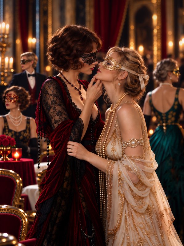 Two masked women share an intimate close moment at a lavish candlelit 1920s masquerade ball