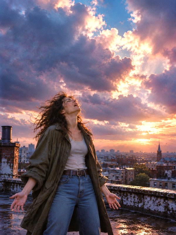 Woman with outstretched arms stands on a city rooftop looking up at a dramatic glowing sunset sky