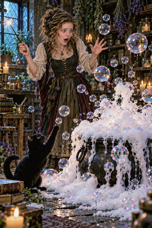 Surprised young witch watches her overflowing bubbling cauldron while her black cat bats at float...