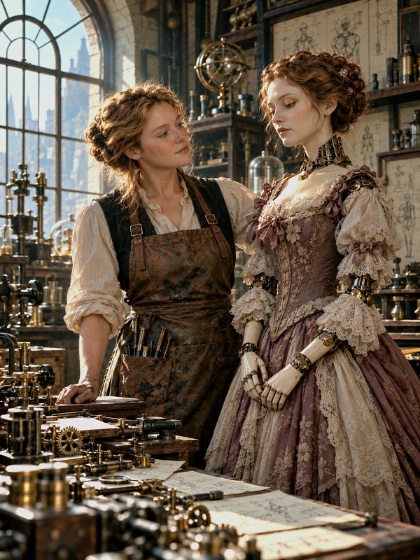 Steampunk female artisan gazes at her ornate clockwork automaton in a sunlit Victorian workshop