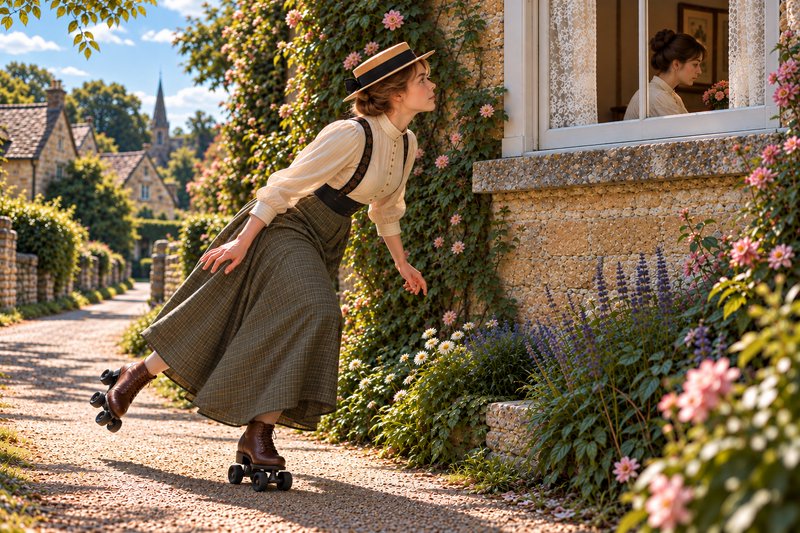 Edwardian woman wearing vintage roller skates leans to peer through a stone cottage window on a s...