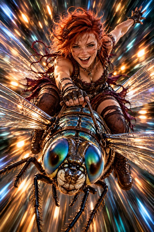 Grinning red-haired woman rides a giant iridescent dragonfly at high speed