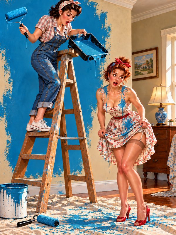 Two retro pinup women react to a messy dripping blue paint spill during home redecoration