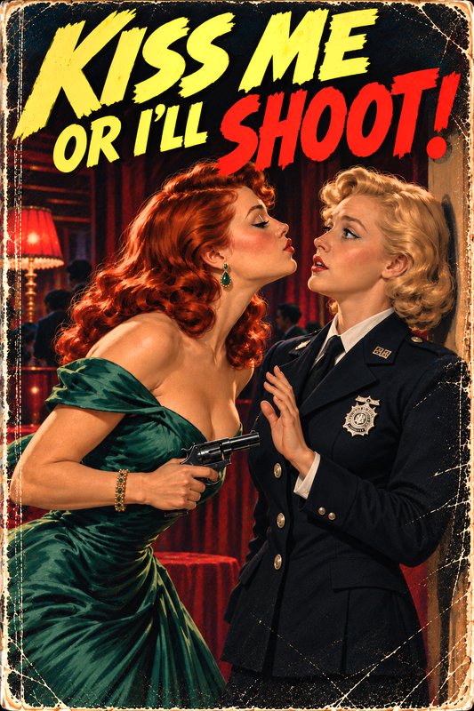 Retro pulp poster showing a red haired woman holding a revolver demanding a kiss from a surprised blonde officer
