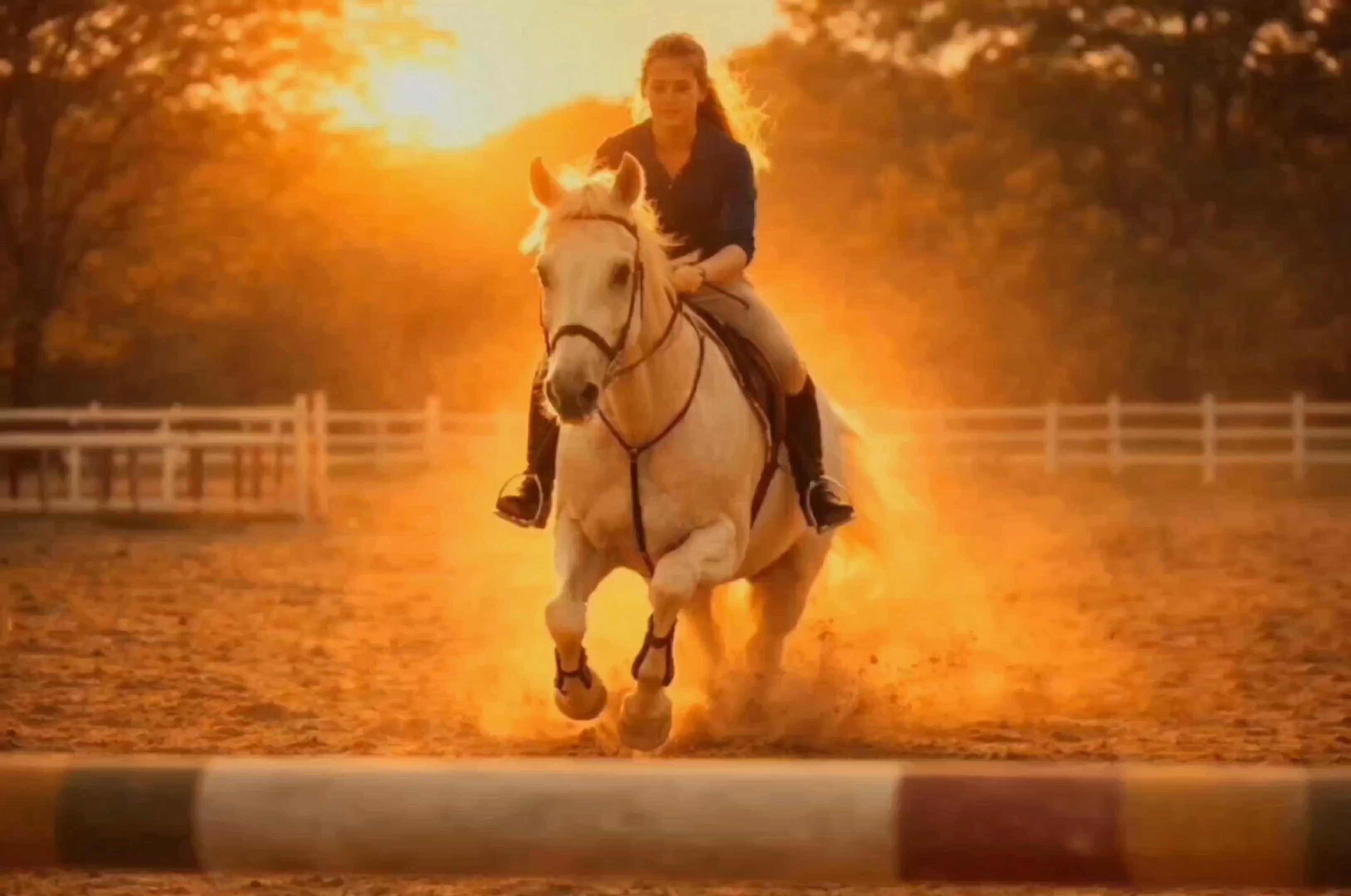 A rider on a white horse jumping a hurdle at sunset in an arena.