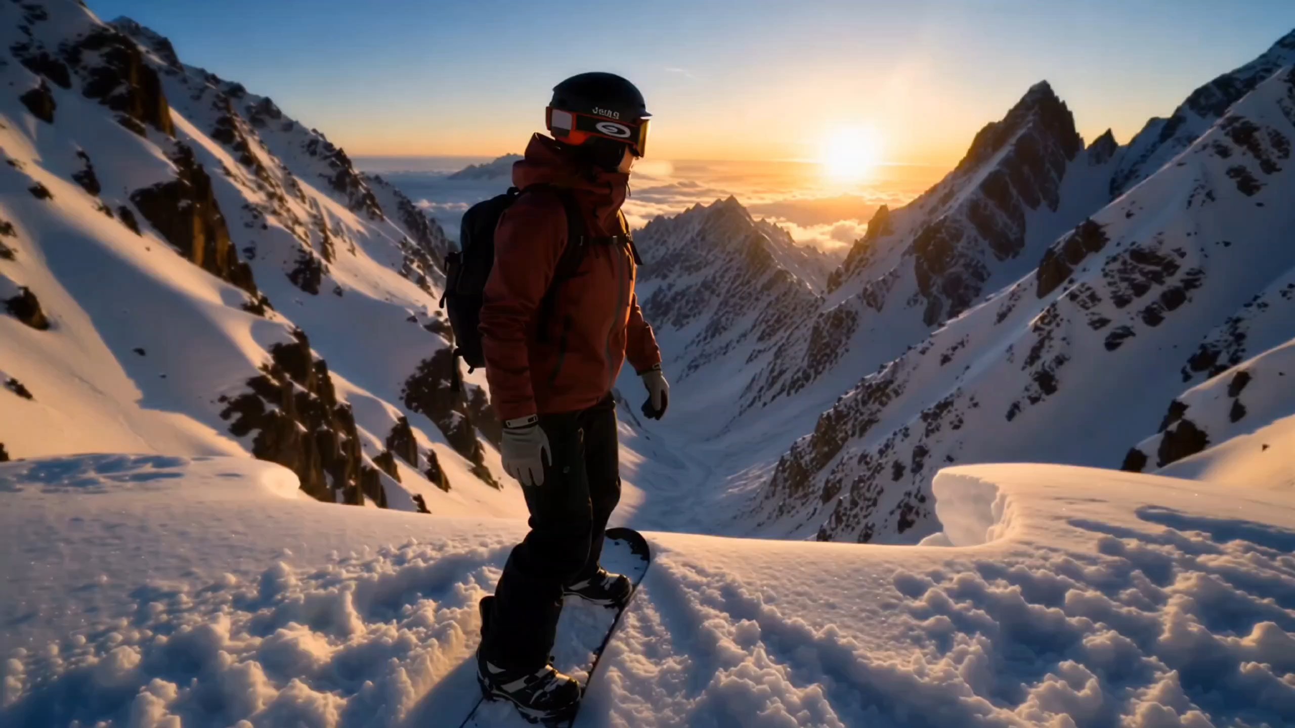 Snowboarder in an orange jacket and helmet on a snowy alpine ridge at sunset.