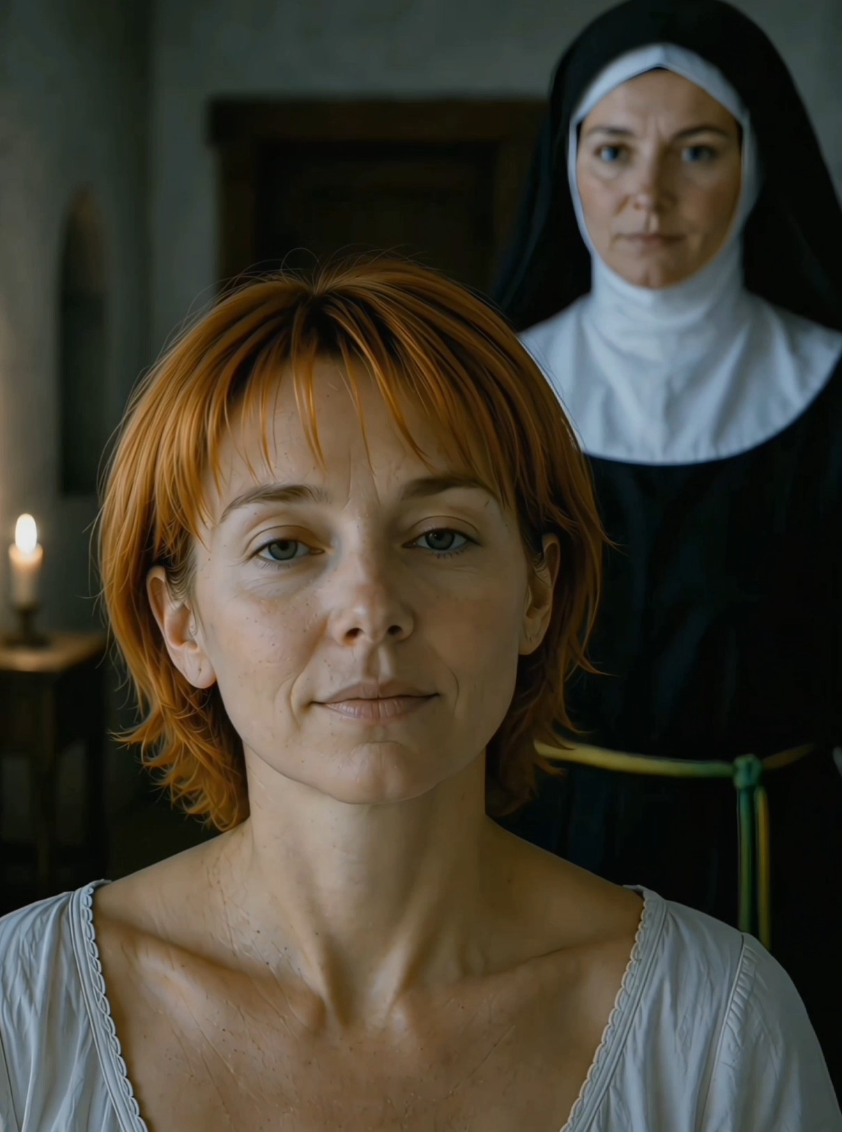 Close-up portrait of a solemn red-haired woman, with a nun in traditional habit standing behind h...