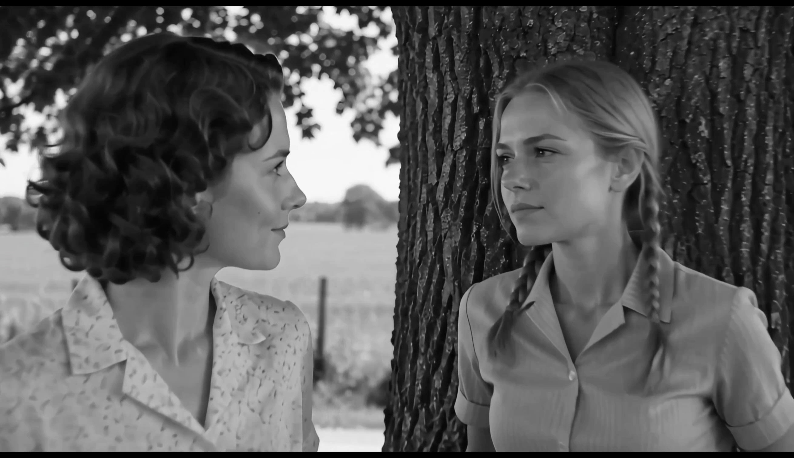Monochrome period scene of two women in vintage clothing sharing a serious conversation next to a...