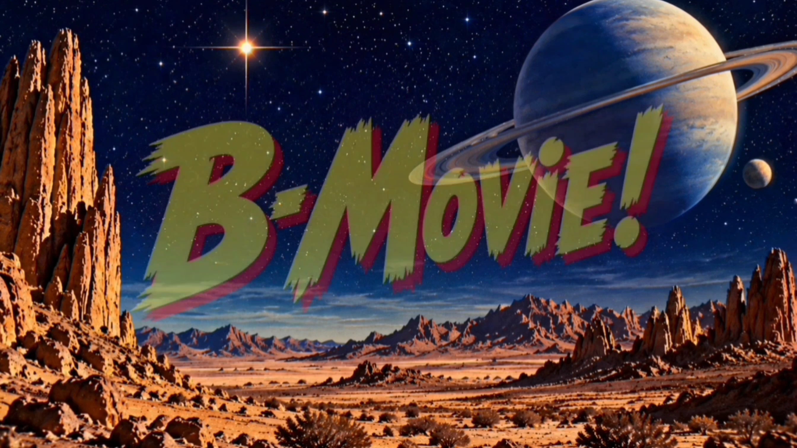 Bold retro B-Movie text overlays an alien desert landscape with a ringed gas giant under a starry...