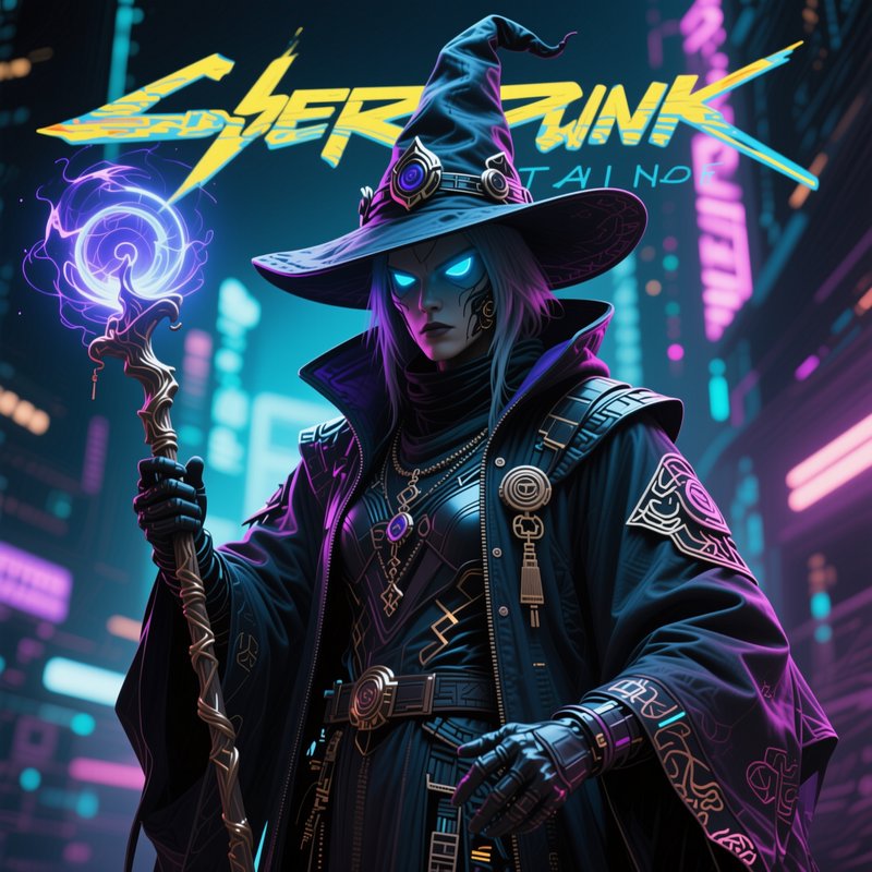 Futuristic cyberpunk wizard holding a glowing magic staff stands in a neon lit downtown city