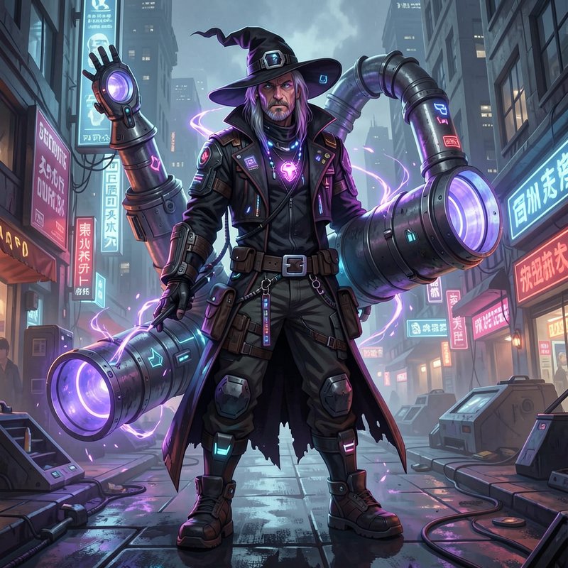 Cyberpunk tech wizard with glowing mechanical arcane arms stands on a rainy neon city street