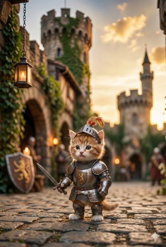 Cute kitten in knight armor standing on a cobblestone street at sunset in a medieval village