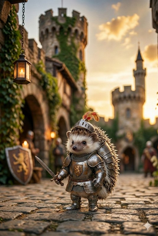 Hedgehog in full medieval knight armor stands on a cobblestone street at sunset.