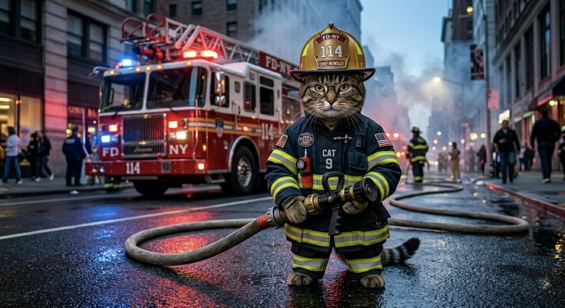 Cat dressed as firefighter on a city street with a fire truck and hoses.