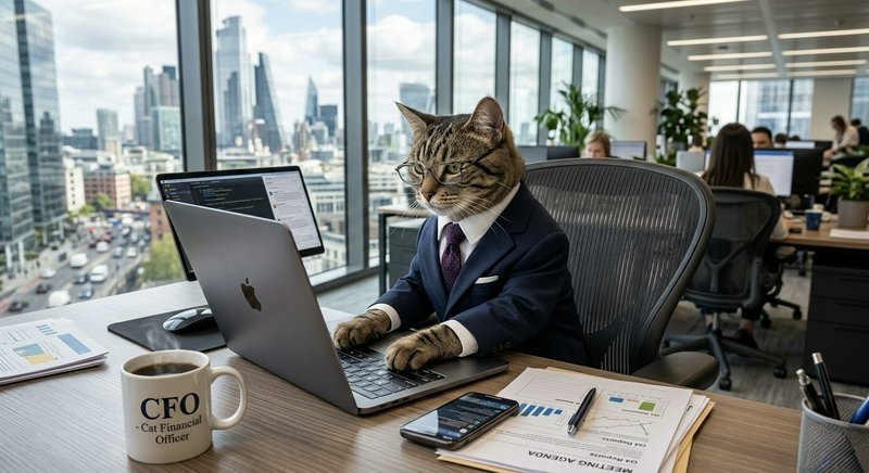 Cat in a navy suit typing on a laptop in a modern office with city skyline