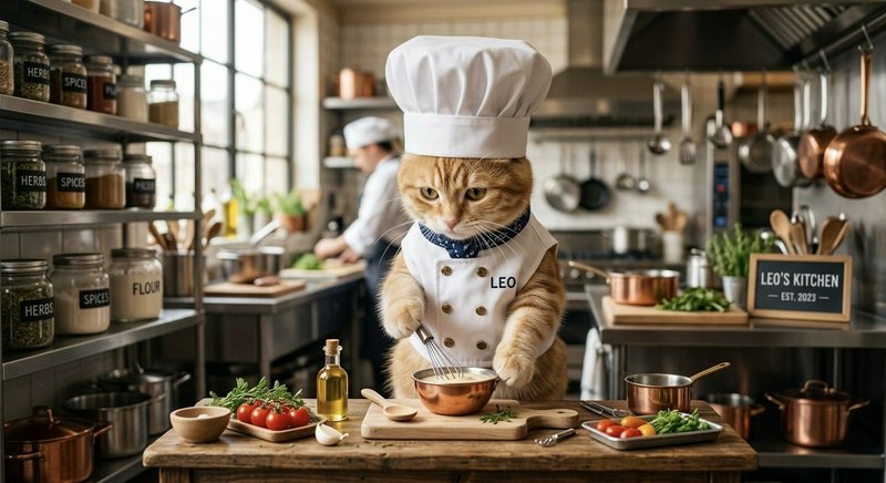 Orange cat in a chef hat and white apron stirring a copper pot in a bustling kitchen