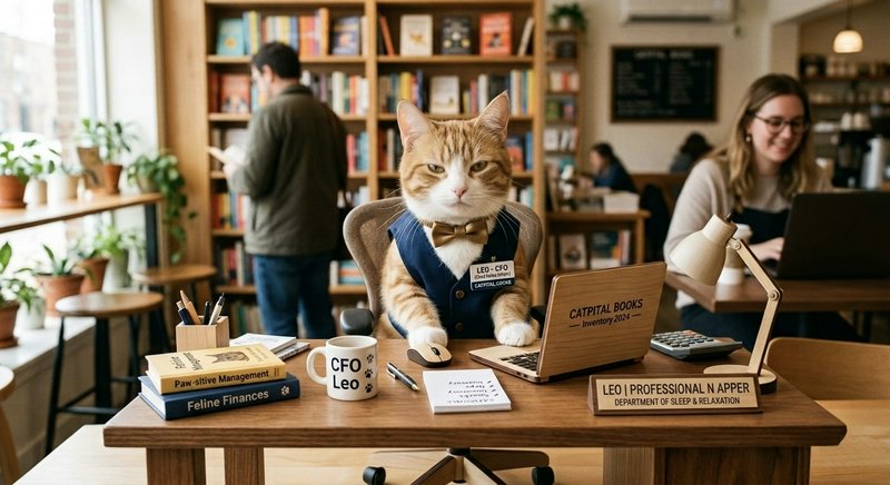 Smiling orange cat in a blue vest and bow tie sits at a desk in a bookstore cafe.