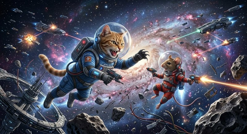 Cat and mouse in blue and red astronaut suits chasing each other in a vibrant space battle.