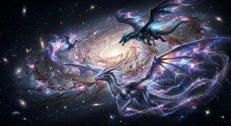Three blue-purple cosmic dragons soaring through a vibrant galaxy and nebula.
