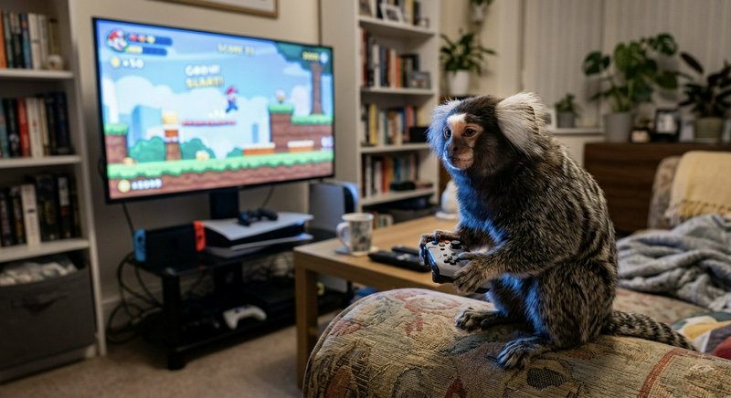 Capuchin monkey sitting on a sofa holding a game controller while playing a Mario-style video gam...