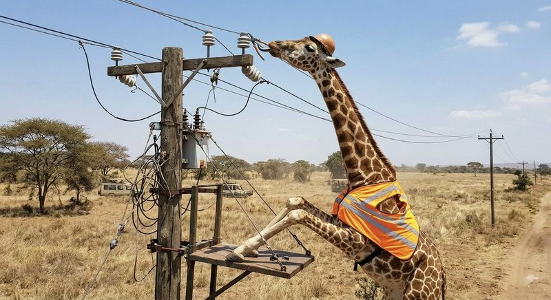 Giraffe wearing an orange safety vest reaches toward a power line on a rural wooden utility pole.