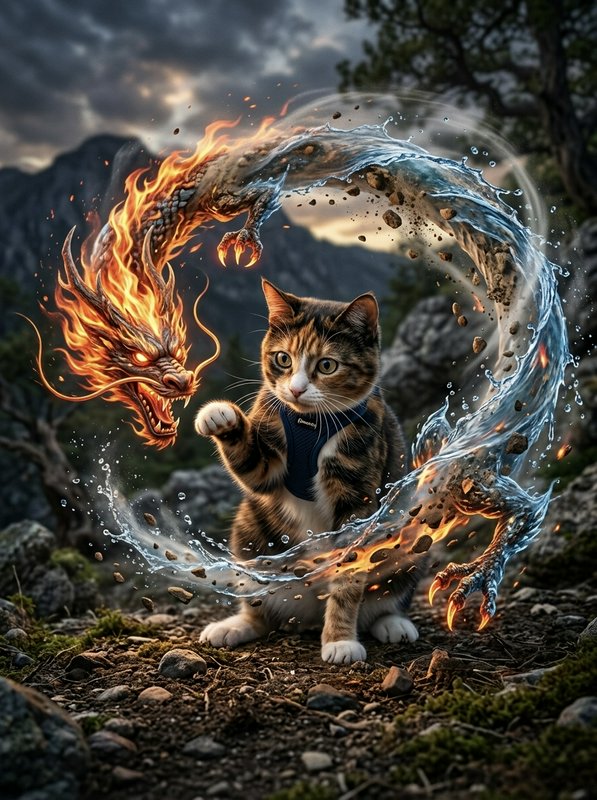 Cat in a harness conjures a fiery dragon and icy water ring in a rocky outdoor scene.