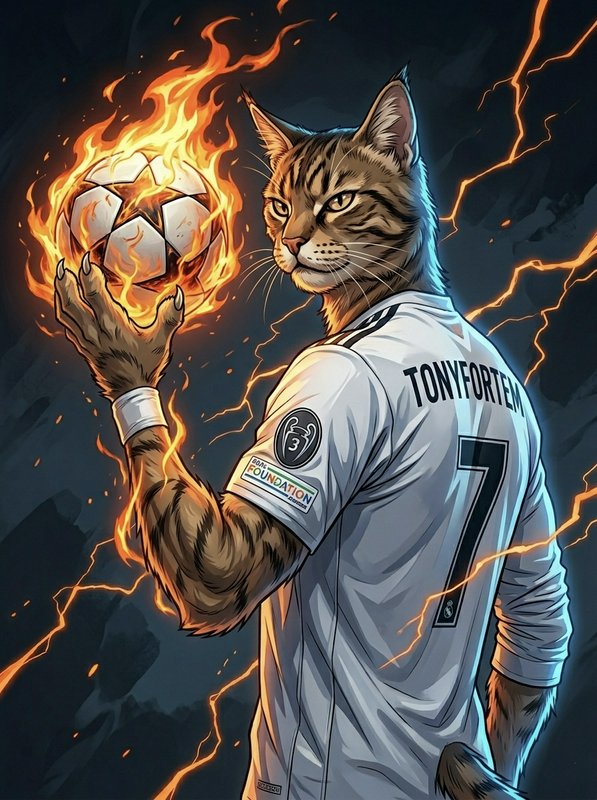 Anthropomorphic cat soccer player in a white jersey holding a glowing, fiery soccer ball.