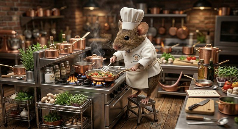 A skilled rat chef in a white toque cooks at a stainless steel kitchen stove with vegetables.