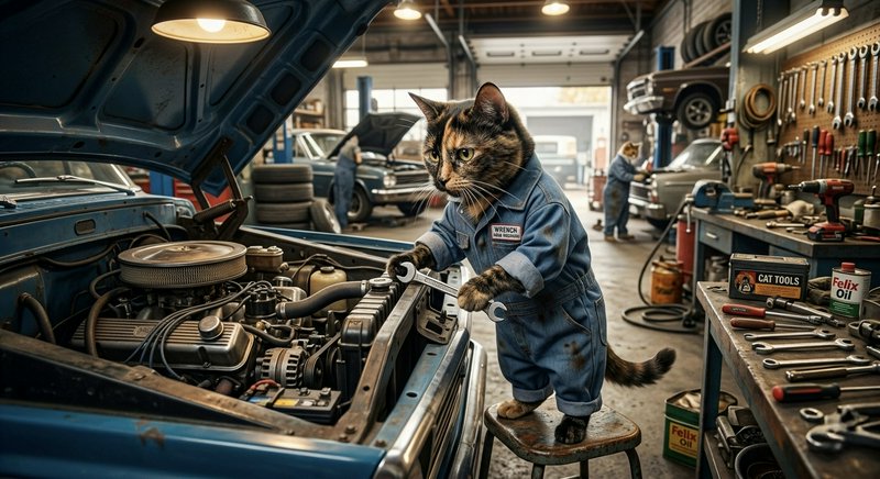 Cat in blue mechanic coveralls inspecting a car engine in a busy auto repair shop.