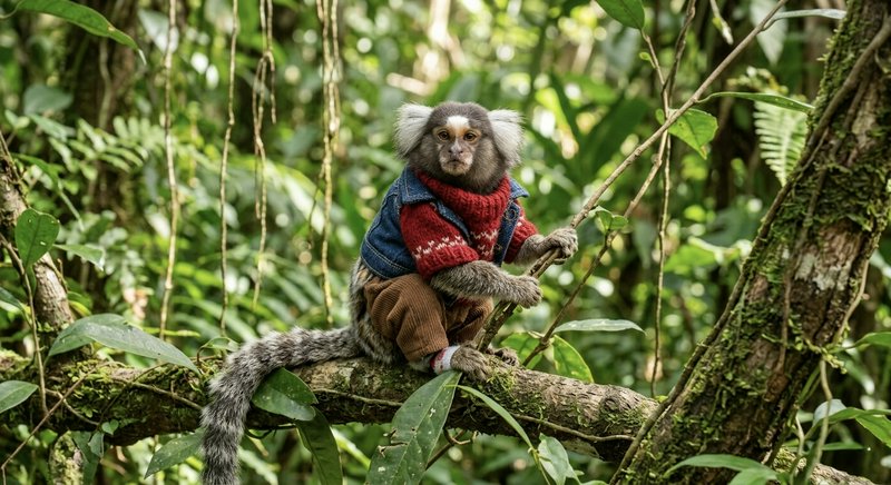 Small monkey wearing a red and blue sweater perched on a tree branch in a lush jungle.