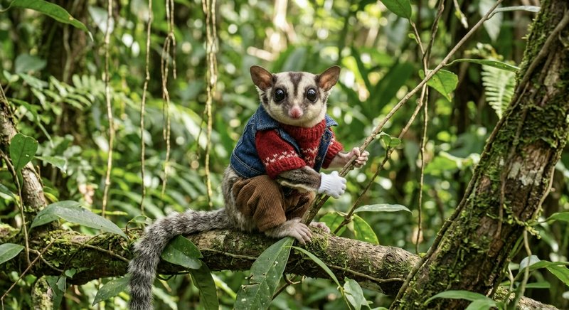 Small masked mammal with big eyes sits on a branch in a lush jungle, wearing a red and blue sweater.