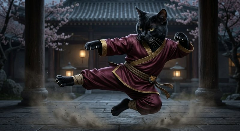 Black cat in maroon martial arts robe performing a mid-air kick in a traditional courtyard.