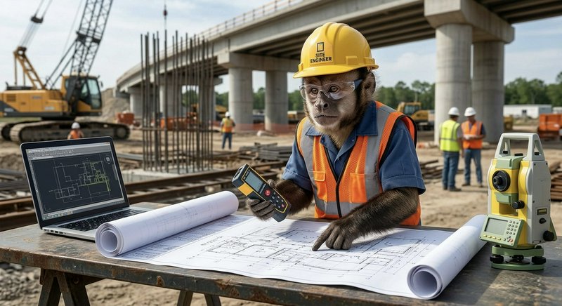 Construction-site monkey with yellow hard hat and safety vest reviewing blueprints and using surv...