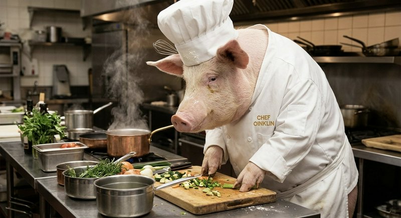 Pig chef in a white coat and hat chopping vegetables in a busy stainless steel kitchen.