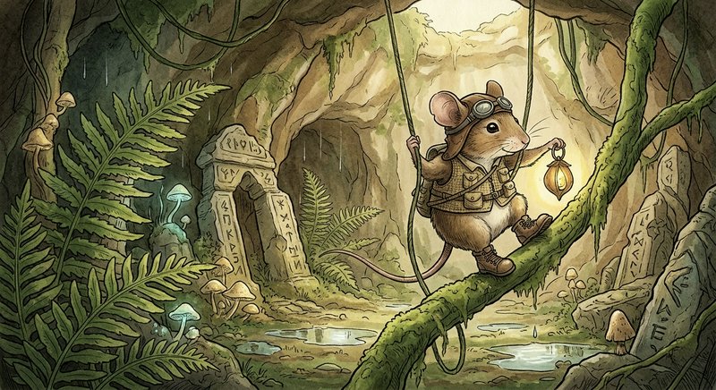Cute adventurer mouse in a jungle cave, climbing a mossy vine with a lantern