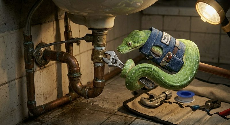 Green toy snake wearing a tool belt using a wrench on a plumbing pipe under a sink.