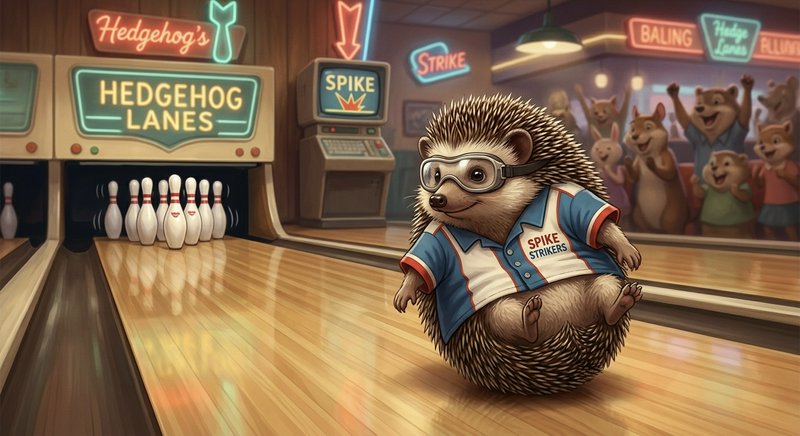 Cartoon hedgehog wearing bowling shirt and goggles bowling in a neon-lit alley.