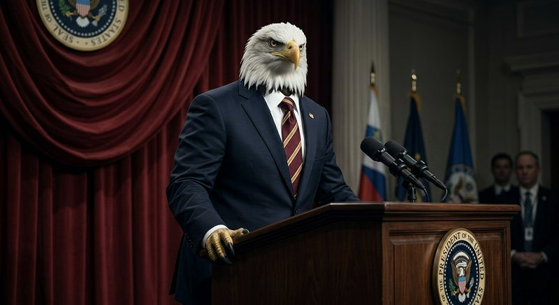 Anthropomorphic eagle in a navy suit at a presidential podium delivering a speech.