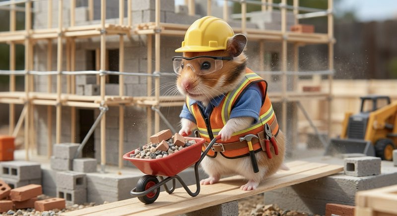 Hamster in a yellow hard hat and safety vest pushing a small wheelbarrow on a construction site