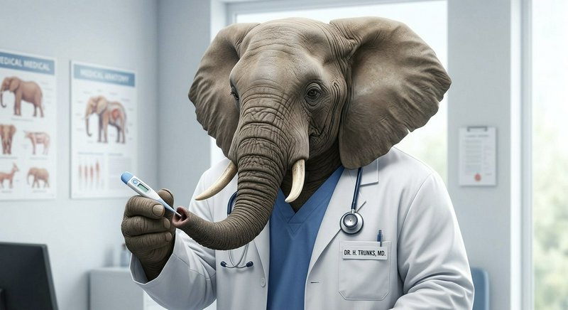 Elephant in a medical coat as a veterinarian holds a thermometer in a clinic.