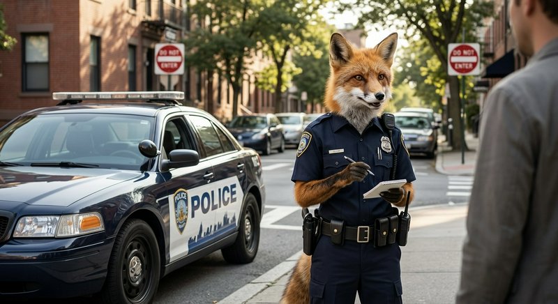 Anthropomorphic fox in a police uniform talks to a man beside a city street with a police car in ...