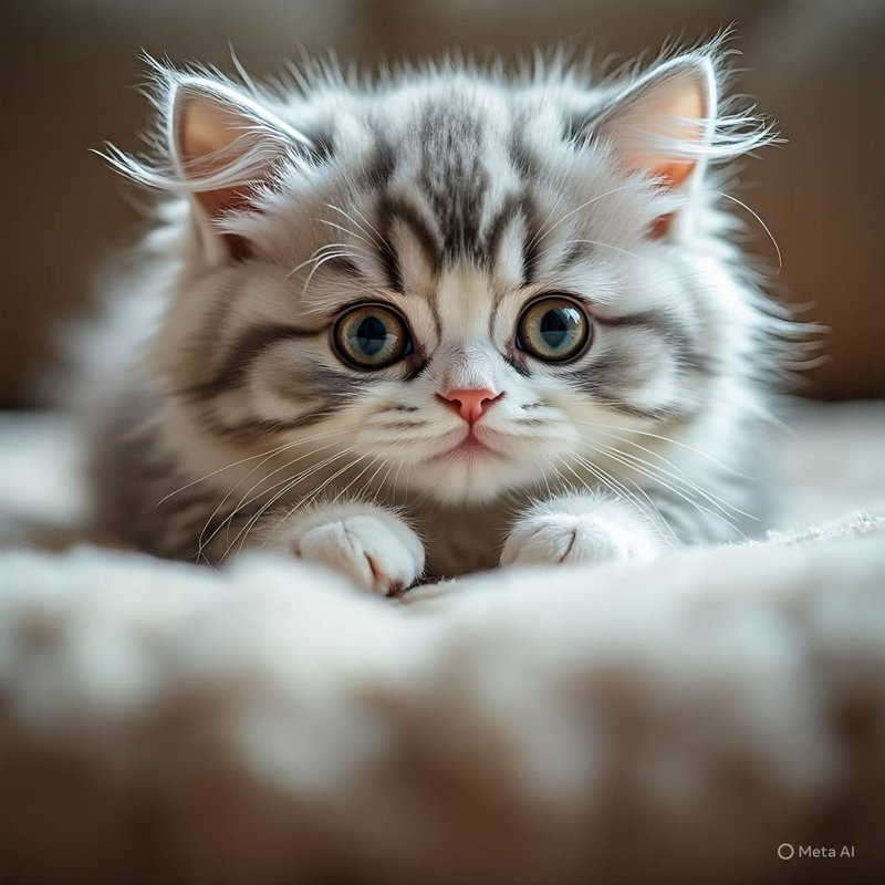 Adorable fluffy gray and white kitten with big blue eyes peeking over a blanket