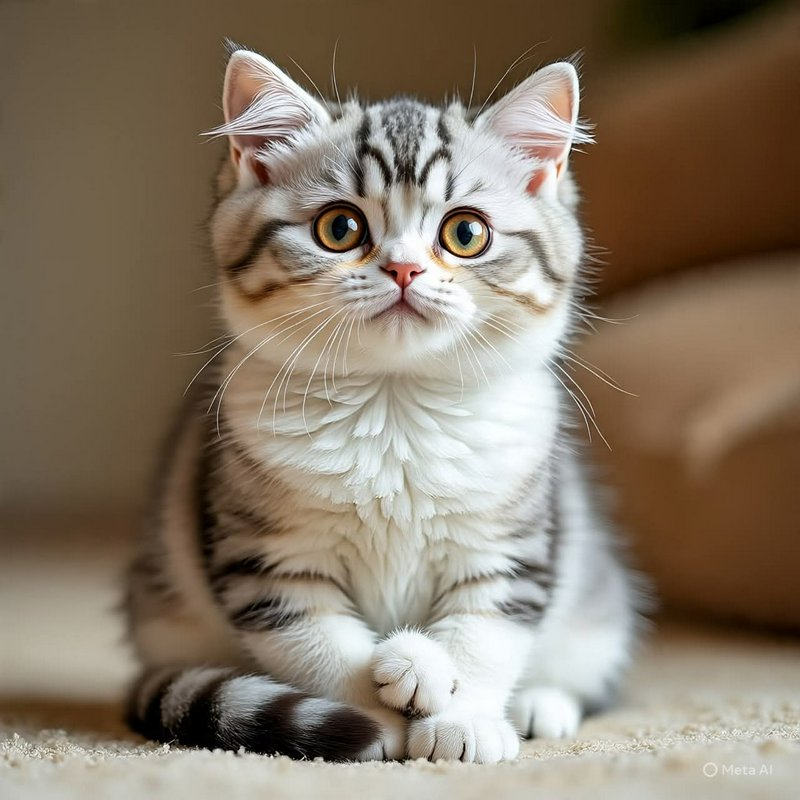 Adorable silver tabby kitten with big amber eyes sitting on a carpet